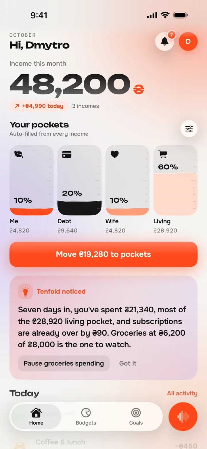Tenfold home screen: income this month, four pockets filled from it (Me 10%, Debt 20%, Wife 10%, Living 60%) and a button to move money into them.