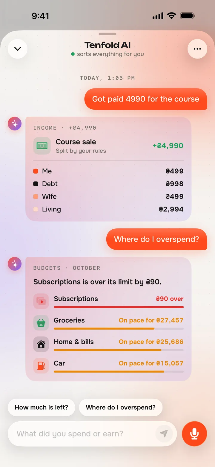 Tenfold AI chat: an income split into pockets, then a straight answer to “Where do I overspend?”.