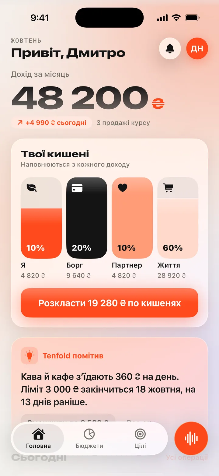 Головний екран Tenfold: дохід за місяць, чотири кишені, що наповнюються з нього (Я 10%, Борг 20%, Дружина 10%, Життя 60%), і кнопка, щоб розкласти гроші.