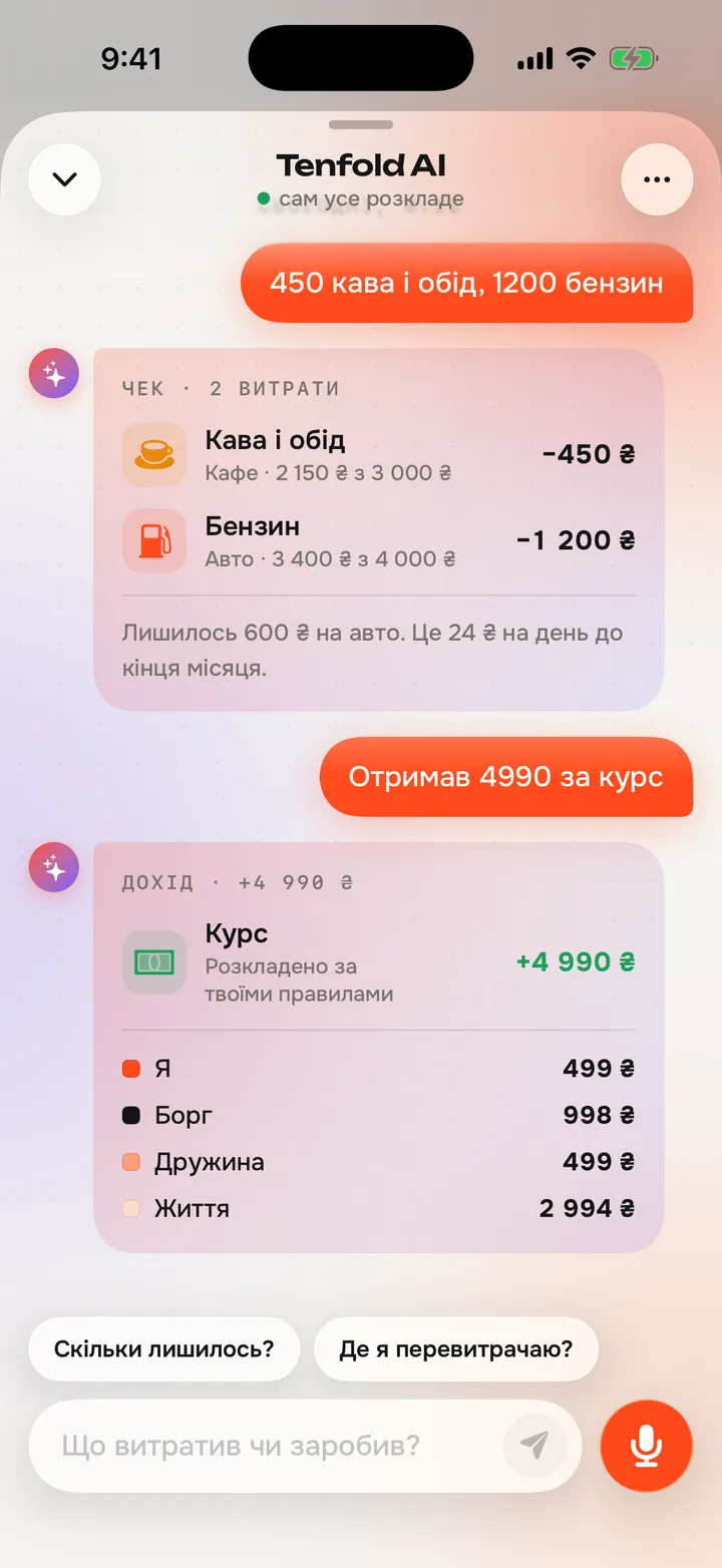 AI-чат Tenfold: дохід, поділений по кишенях, і відповідь на «Де я перевитрачаю?» з темпом кожного бюджету.